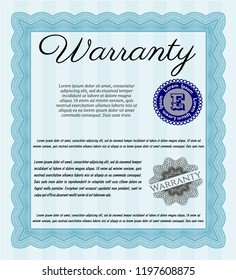 Light blue Retro Warranty Certificate template. Lovely design. With guilloche pattern and background. Detailed. 