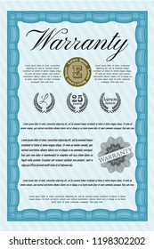 Light blue Retro Warranty Certificate template. Lovely design. Customizable, Easy to edit and change colors. Complex background. 