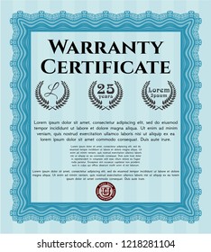 Light blue Retro Warranty Certificate template. Customizable, Easy to edit and change colors. With great quality guilloche pattern. Money Pattern. 