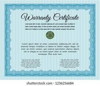 Light blue Retro Warranty Certificate template. Customizable, Easy to edit and change colors. With great quality guilloche pattern. Sophisticated design. 