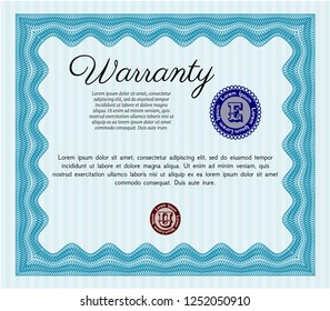 Light blue Retro Warranty Certificate template. Vector illustration. With guilloche pattern. Cordial design. 