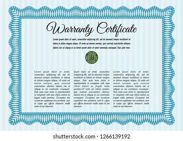 Light blue Retro Warranty Certificate template. Detailed. With great quality guilloche pattern. Excellent design. 