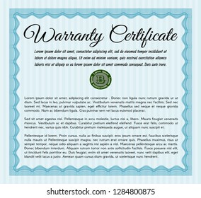 Light blue Retro Warranty Certificate template. Nice design. Vector illustration. With great quality guilloche pattern. 