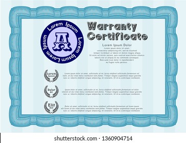 Light blue Retro Warranty Certificate template. With great quality guilloche pattern. Beauty design. Detailed. 