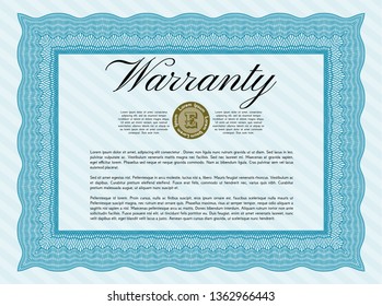 Light blue Retro Warranty Certificate template. Printer friendly. Detailed. Superior design. 