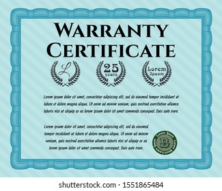 Light blue Retro Warranty Certificate template. Beauty design. With complex background. Detailed. 