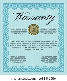 Light blue Retro Warranty Certificate template. With great quality guilloche pattern. Detailed. Excellent design. 
