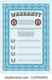 Light blue Retro Warranty template. Money style design. Detailed. With background. 