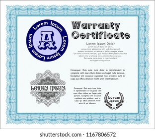 Light blue Retro Warranty template. Money design. With great quality guilloche pattern. Vector illustration. 