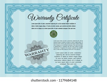 Light blue Retro Warranty template. With great quality guilloche pattern. Vector illustration. Money style design. 