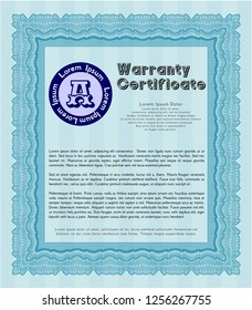 Light blue Retro Warranty template. Vector illustration. With guilloche pattern and background. Cordial design. 