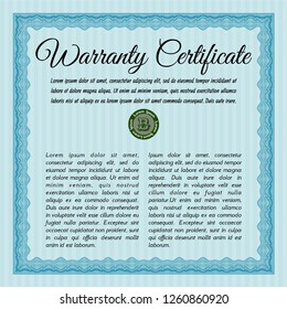 Light blue Retro Warranty template. Detailed. With guilloche pattern. Money Pattern. 