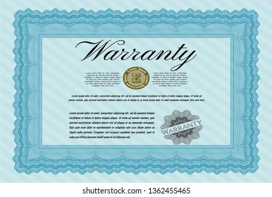 Light blue Retro Warranty template. Customizable, Easy to edit and change colors. Complex background. Money Pattern design. 