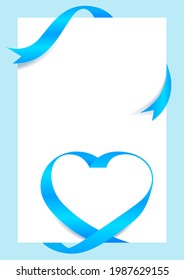 Light blue Ribbon Heart Shape Mock-Up for A4 size Banner Valentine's Day, Greeting card, Gift Voucher and Certificate Background, copy space, vector