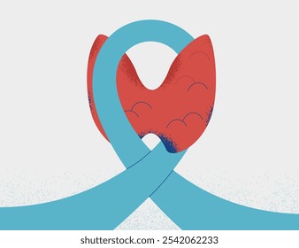 Light blue Ribbon with Human Thyroid like a symbol of Thyroid disease Awareness Month. Medical, health care and prevention concept. Vector illustration