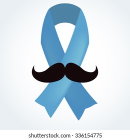 Light blue ribbon with mustache. Prostate cancer ribbon awareness. Vector
