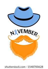 Light blue ribbon as symbol of prostate cancer awareness. Bearded man with a mustache in a hat.