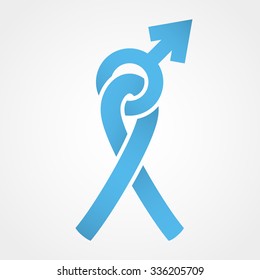 Light blue ribbon as symbol of prostate cancer awareness. Mars symbol used to represent the male sex. 