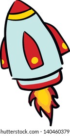 A light blue rocket with two windows and blue fins blasting off, vector, color drawing or illustration. 