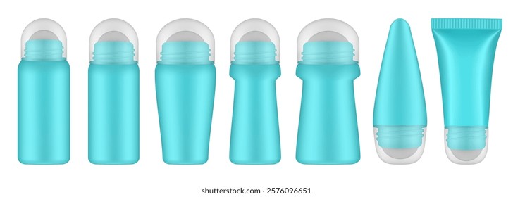 Light blue roller ball bottles with transparent caps. Body antiperspirant deodorant roll-on. Realistic vector mockup. Roller Applicator	
