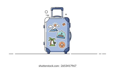 Uma mala rolante azul clara adornada com adesivos coloridos com temas de viagem sentados em um fundo branco com linhas minimalistas