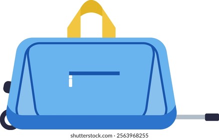 Light blue rolling travel bag with yellow handle and zipper closure, isolated on white background, representing travel, vacation, and luggage