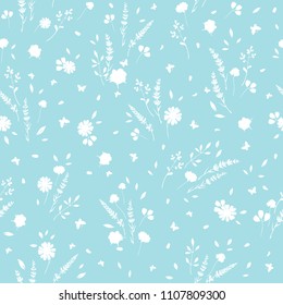 Light blue roses and daisies ditsy seamless pattern. Great for retro summer fabric, scrapbooking, giftwrap, and wallpaper design projects. Surface pattern design.