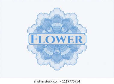 Light blue rosette. Linear Illustration with text Flower inside