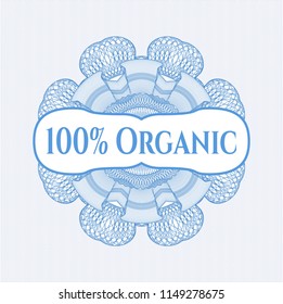 Light blue rosette. Linear Illustration with text 100% Organic inside