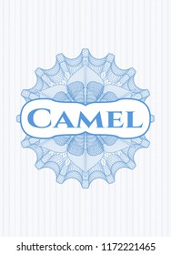 Light blue rosette. Linear Illustration with text Camel inside