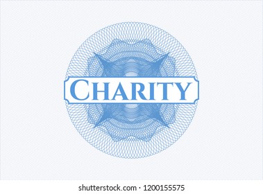 Light blue rosette. Linear Illustration with text Charity inside