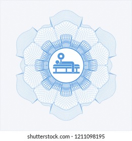Light blue rosette. Linear Illustration with bench press icon inside