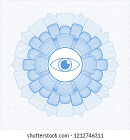 Light blue rosette. Linear Illustration with eye icon inside