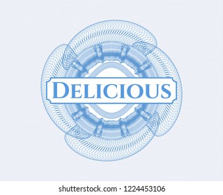 Light blue rosette. Linear Illustration with text Delicious inside