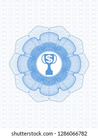 Light blue rosette. Linear Illustration with trophy with money symbol inside icon inside