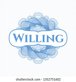 Light blue rosette. Linear Illustration with text Willing inside