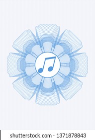 Light blue rosette. Linear Illustration with musical note icon inside