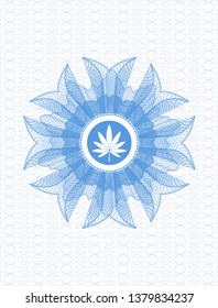 Light blue rosette. Linear Illustration with marijuana leaf icon inside