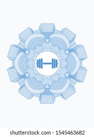 Light blue rosette. Linear Illustration with dumbbell icon inside