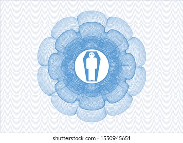 Light blue rosette. Linear Illustration with dead man in his coffin icon inside