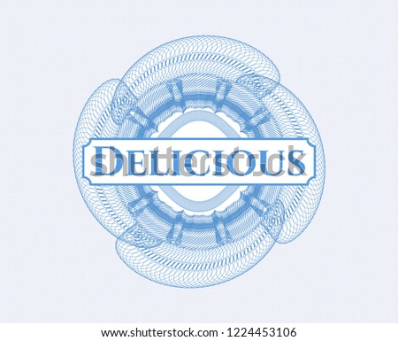 Light blue rosette. Linear Illustration with text Delicious inside