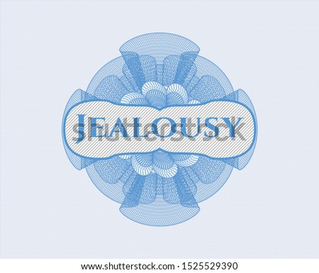 Light blue rosette. Linear Illustration with text Jealousy inside