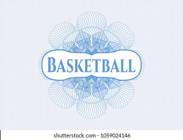 Light blue rosette or money style emblem with text Basketball inside