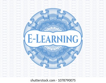  Light blue rosette or money style emblem with text E-Learning inside