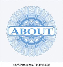 Light blue rosette (money style emblem) with text About inside