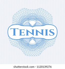 Light blue rosette or money style emblem with text Tennis inside