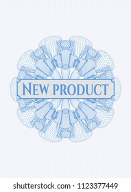 Light blue rosette or money style emblem with text New Product inside