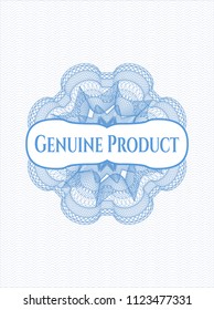 Light blue rosette or money style emblem with text Genuine Product inside