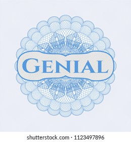 Light blue rosette or money style emblem with text Genial inside