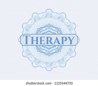 Light blue rosette or money style emblem with text Therapy inside